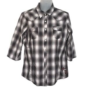 Harley Davidson Womens Plaid Pearl Snap Western Shirt Black Gray Embroider Large